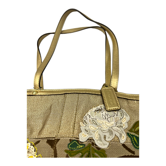COACH Signature C Khaki Gold Leather Poppy Glam Shoulder Tote Bag 13826 - Picture 3 of 8